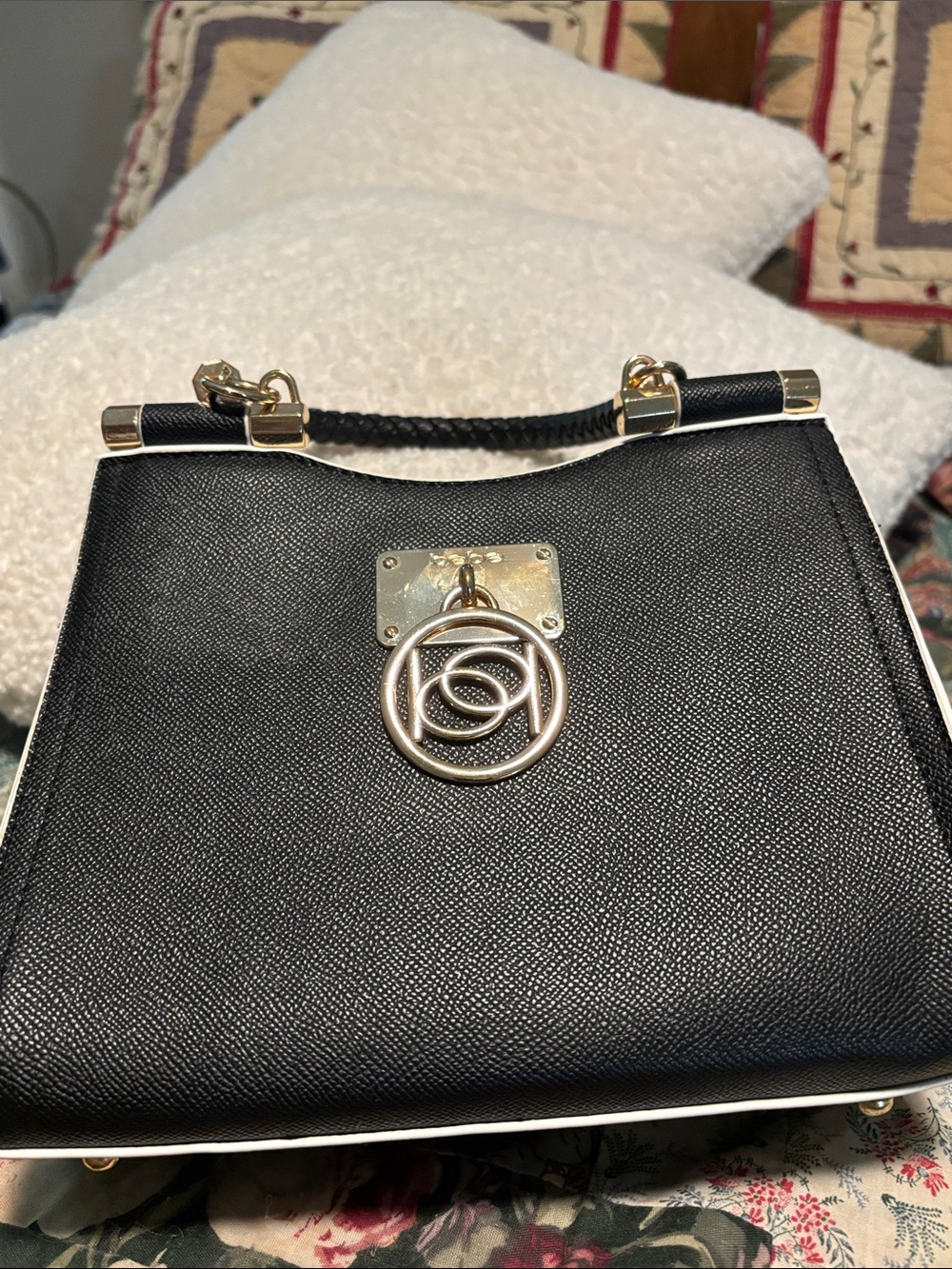 bebe Black Satchel with Gold Hardware and Braided Handle